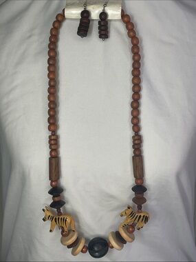 Wooden Beaded Necklace with Hand-Painted Zebra Pendants